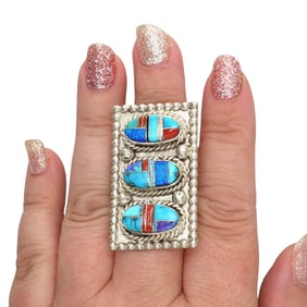 Terrell Lee Navajo Sterling Multi-Stone Inlay Ring Sz 8