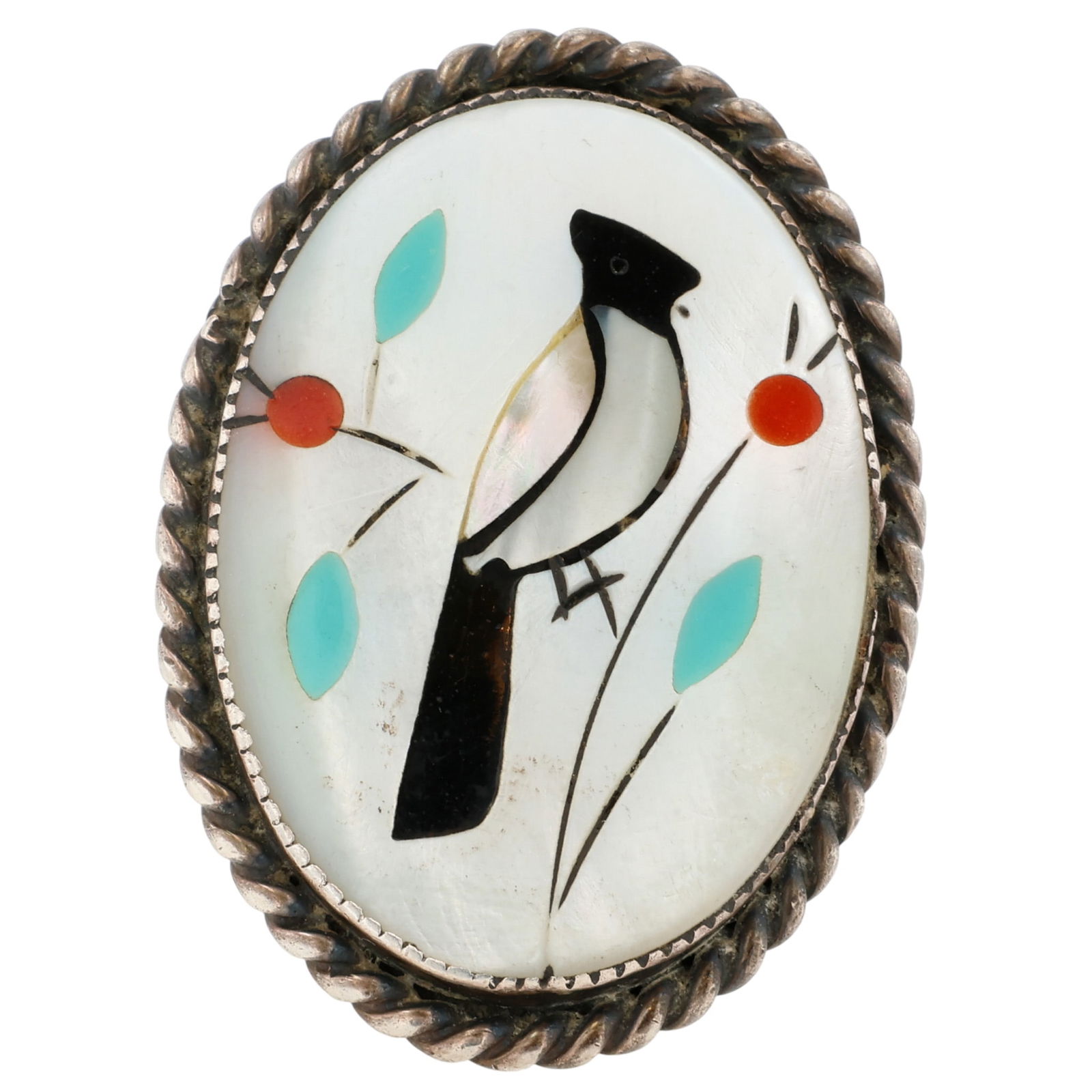 Vintage Zuni Sterling Multi-Stone Inlay Bird Ring Sz 6: Vintage Zuni Sterling Multi-Stone Inlay Bird Ring Sz 6, 9.5g-Onyx, Coral, Turquoise, Mother-of-Pearl