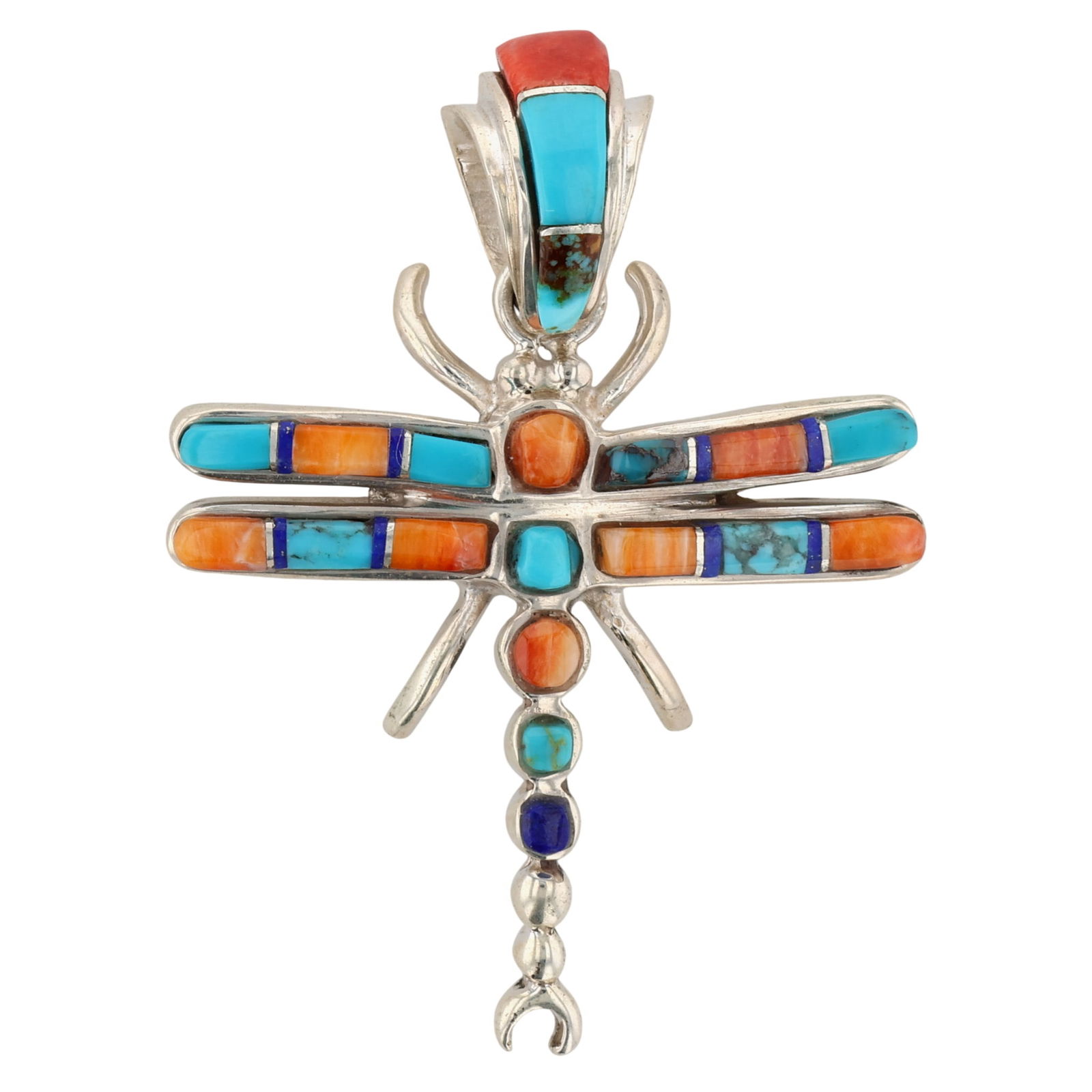 B Joe Navajo Sterling Multi-Stone Dragonfly Pendant: B Joe Navajo Sterling Multi-Stone Dragonfly Pendant 11g- Spiny Oyster, Turquoise, Lapis