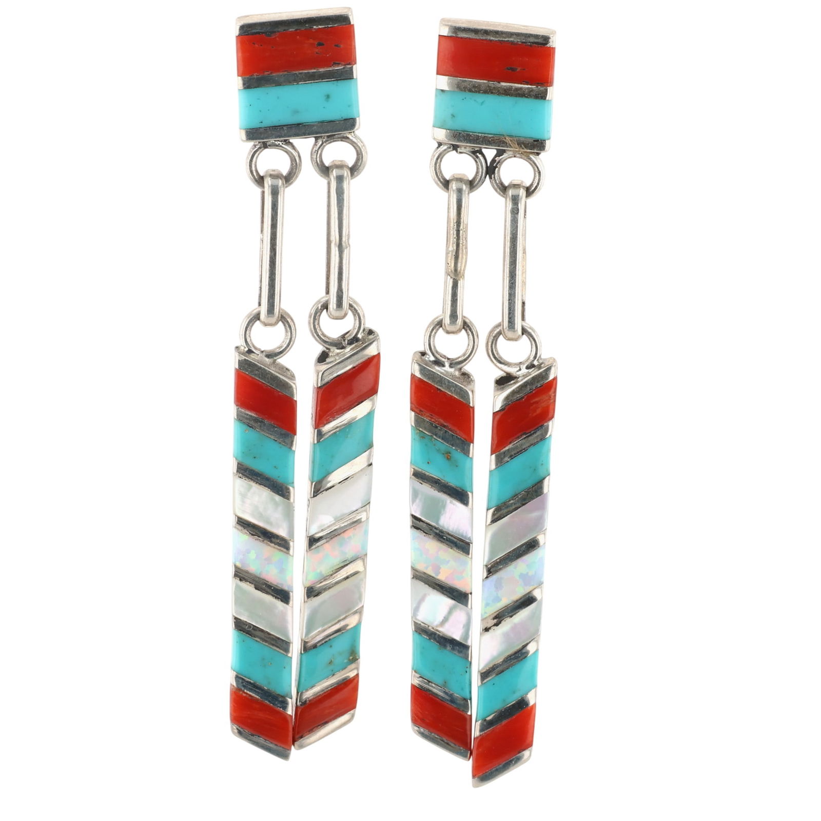Shawn Sheka Zuni Sterling Multi-Stone Inlay Drop Dangle Earrings: Shawn Sheka Zuni Sterling Multi-Stone Inlay Drop Dangle Earrings 8.5g-Opalm, Coral, Turquoise, Mother-of-Pearl