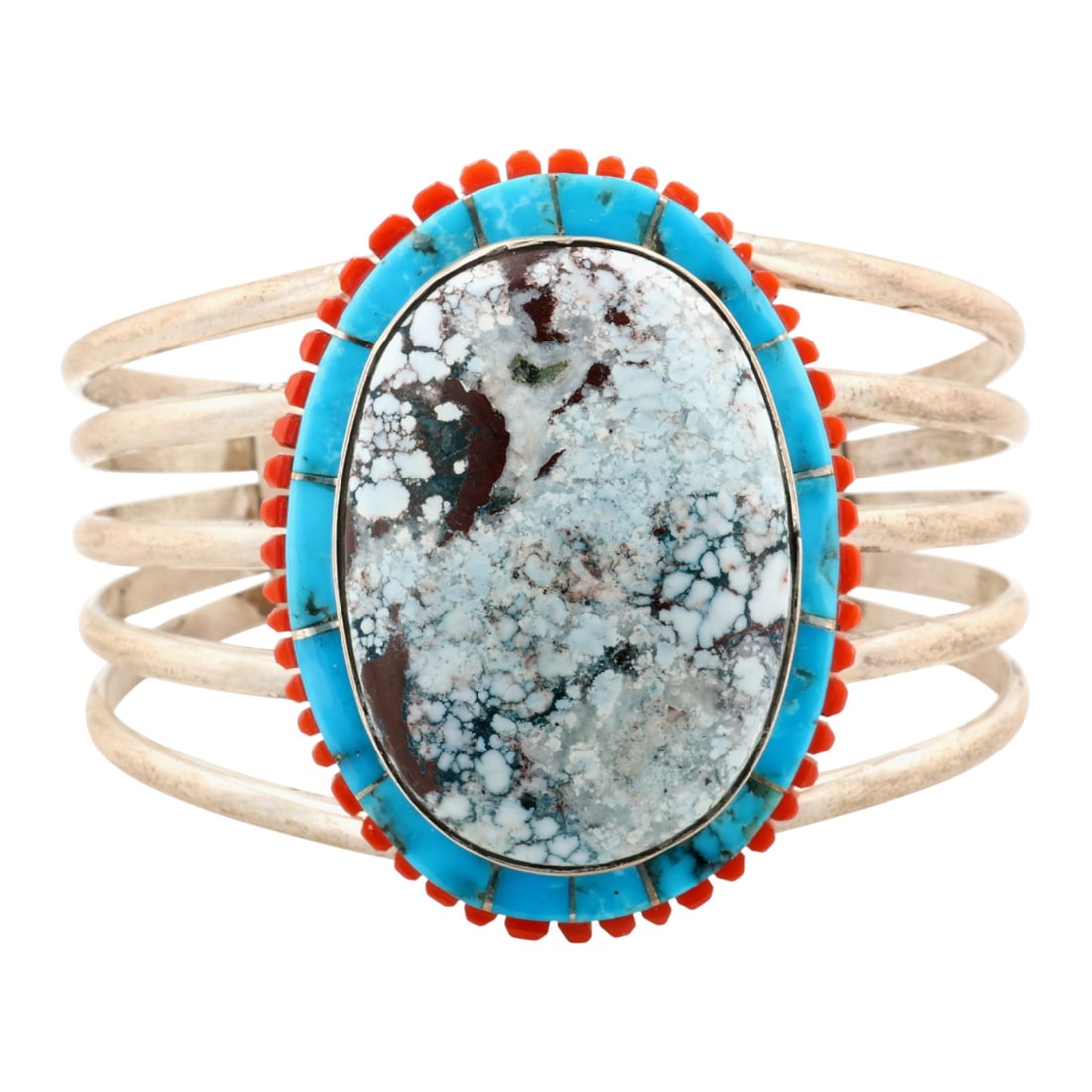 Merle House Navajo Sterling Multi-Stone Cuff Bracelet: Merle House Navajo Sterling Multi-Stone Cuff Bracelet 75g-Kingman Turquoise, Coral