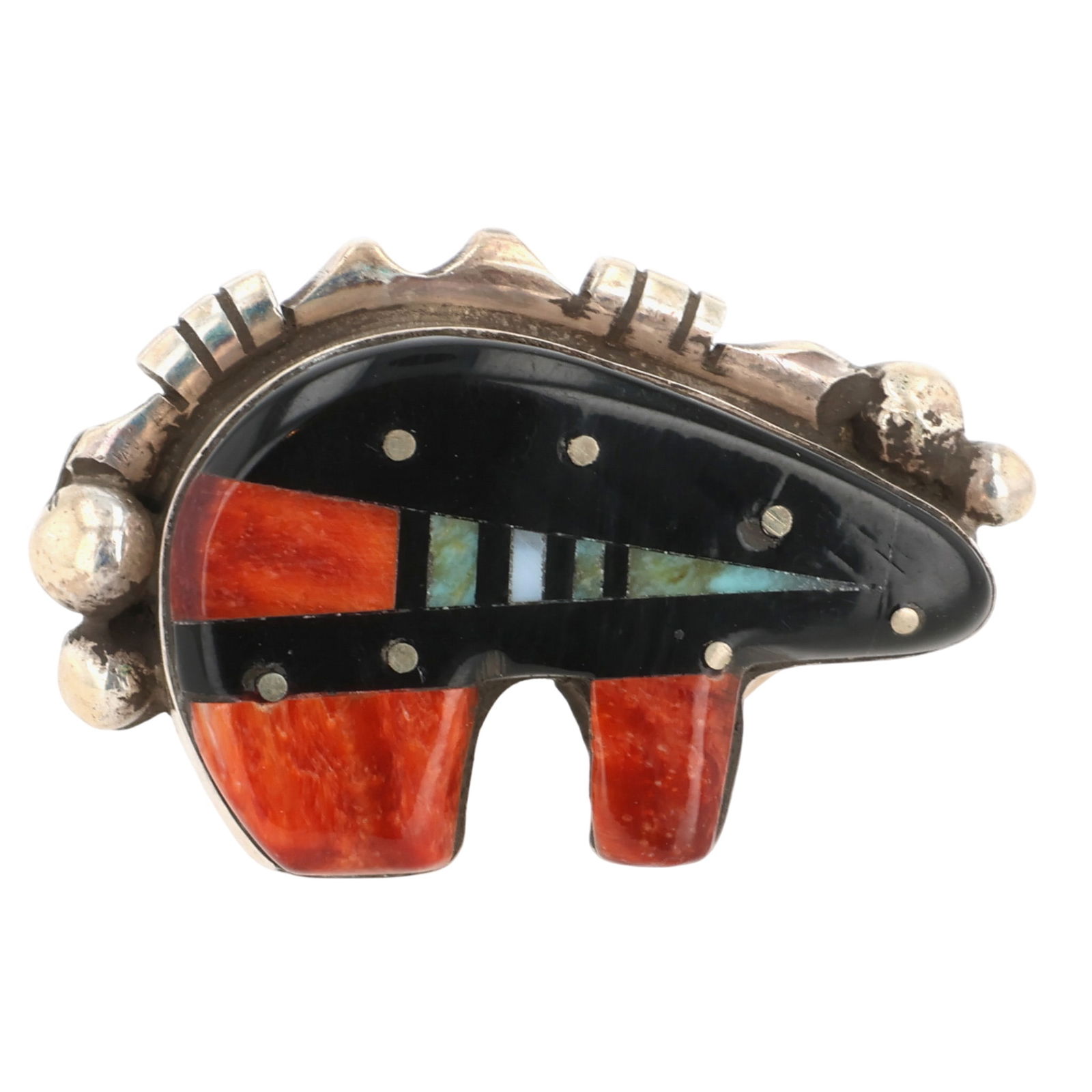 Ray Jack Navajo Sterling Multi-Stone Inlay Bear Ring Sz 7.5: Ray Jack Navajo Sterling Multi-Stone Inlay Bear Ring Sz 7.5, 9g-Jet, Spiny Oyster, Turquoise, Mother-of-Pearl