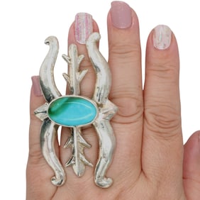 Chad Teller Navajo Sandcast Sterling  Hardy Pit Turquoise Adjustable Ring
