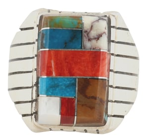 Calvin Begay Navajo Sterling Multi-Stone Inlay Ring Sz 8