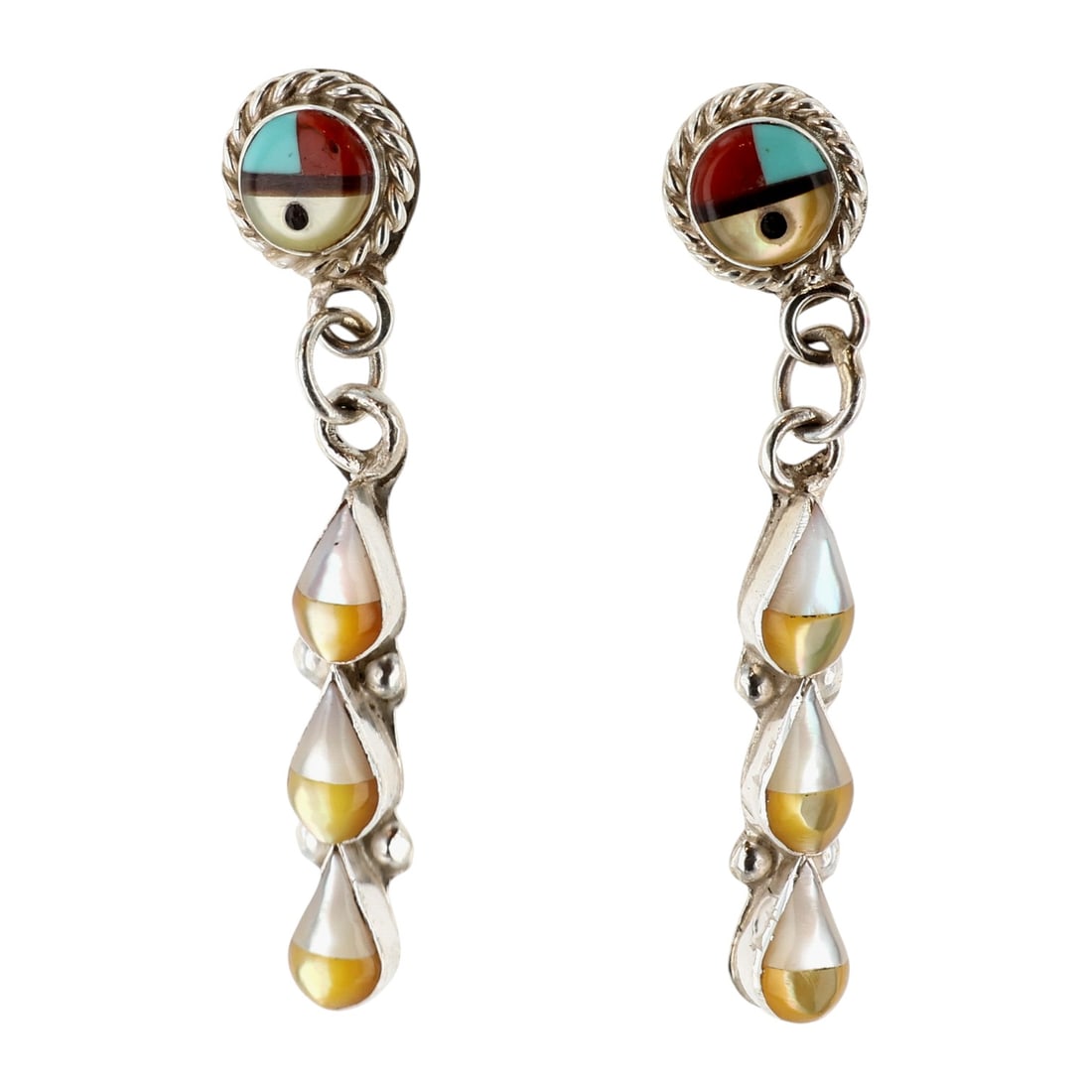 Terrance Niiha Zuni Sterling Multi-Stone Sunface Inlay Drop Dangle Earrings (1 of 4)