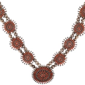Silbert Bowannie Sr. Zuni Sterling Coral Needlepoint Necklace