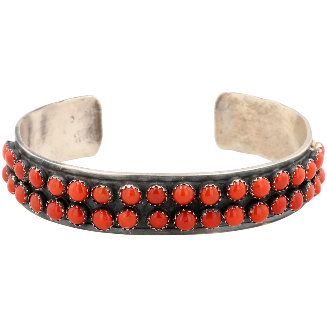 Tillie Jon Navajo Sterling Coral Double Row Cuff Bracelet: Tillie Jon Navajo Sterling Coral Double Row Cuff Bracelet 31g