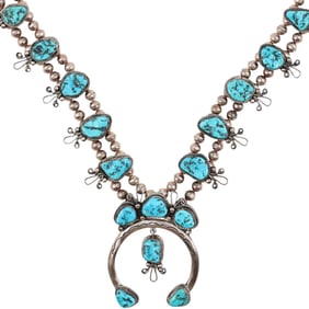 Vintage Robert Willy Navajo Sterling Turquoise Squash Blossom Necklace