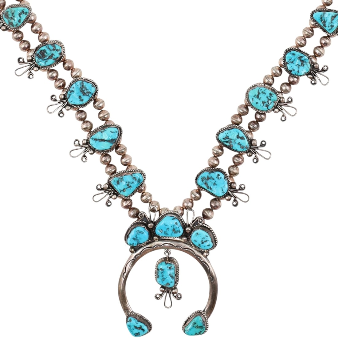 Vintage Robert Willy Navajo Sterling Turquoise Squash Blossom Necklace (1 of 7)