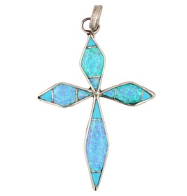 James Kee Navajo Sterling Turquoise Opal Cross Pendant