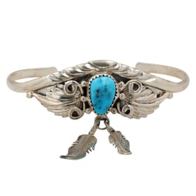 Ross Antonio Navajo Sterling Kingman Turquoise Feather Dangle Cuff Bracelet