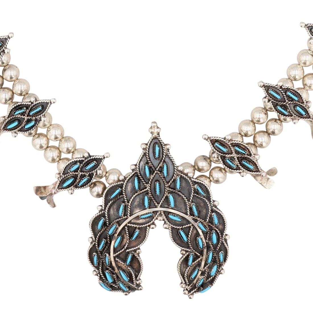 Lerna Mahkee Zuni Sterling Kingman Turquoise Needlepoint Squash Blossom Necklace: Lerna Mahkee Zuni Sterling Kingman Turquoise Needlepoint Squash Blossom Necklace 63.5g
