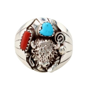Gilbert Smith Navajo Sterling Multi-Stone Buffalo Ring Sz 7.5