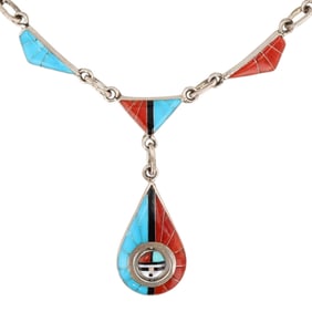 Don Dewa Zuni Sterling Multi-Stone Sunface Spinner Necklace