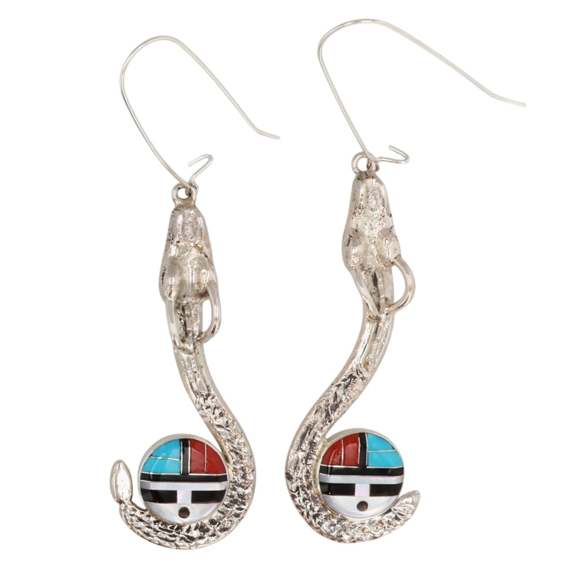 Don Dewa Zuni Sterling Multi-Stone Inlay Sunface Earrings: Don Dewa Zuni Sterling Multi-Stone Inlay Sunface Earrings 21.5g- Mother-of-Pearl, Turquoise, Coral, Onyx