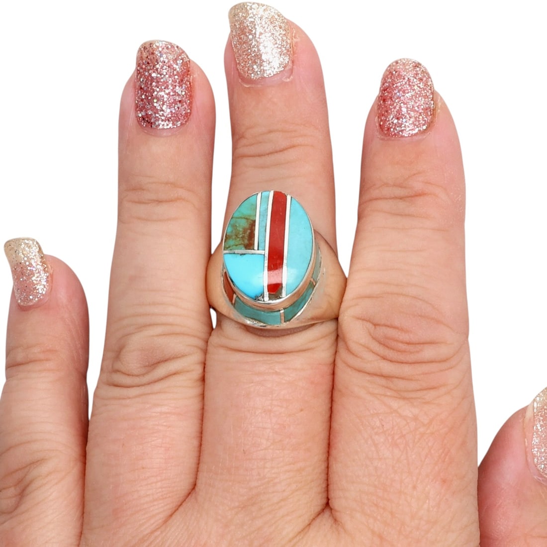 Darlene Noble Navajo Sterling Multi-Stone Inlay Ring Sz 10.25: Darlene Noble Navajo Sterling Multi-Stone Inlay Ring Sz 10.25, 16g-Coral, Turquoise