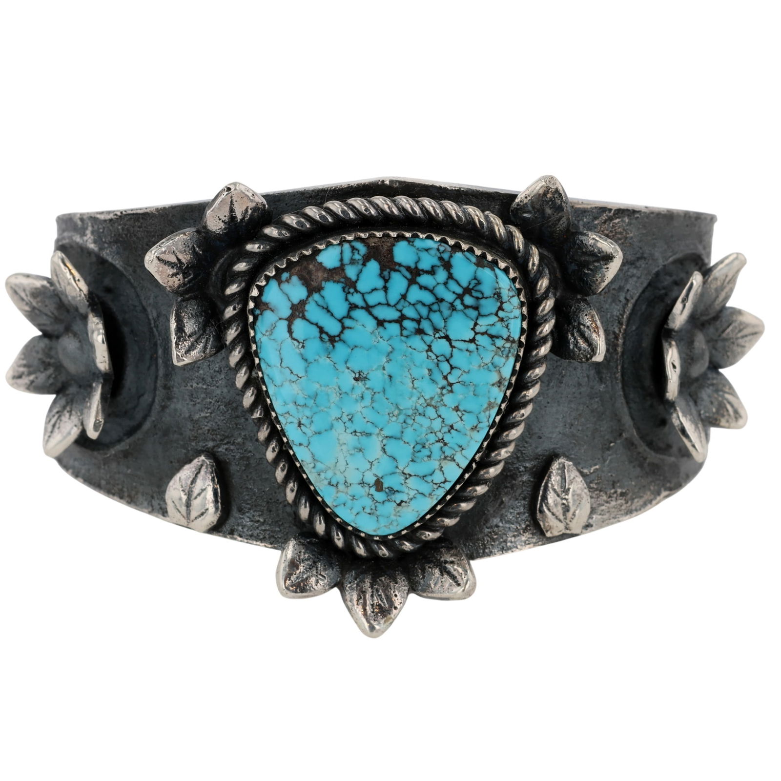 Mekechto Jim Navajo Tufa Cast Sterling Turquoise Floral Cuff Bracelet: Mekechto Jim Navajo Tufa Cast Sterling Turquoise Floral Cuff Bracelet 103g