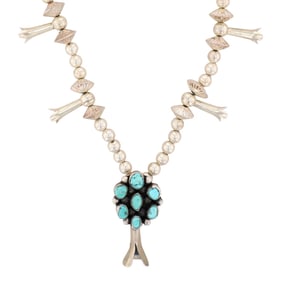 Vintage Navajo Sterling Single Turquoise Squash Blossom Necklace