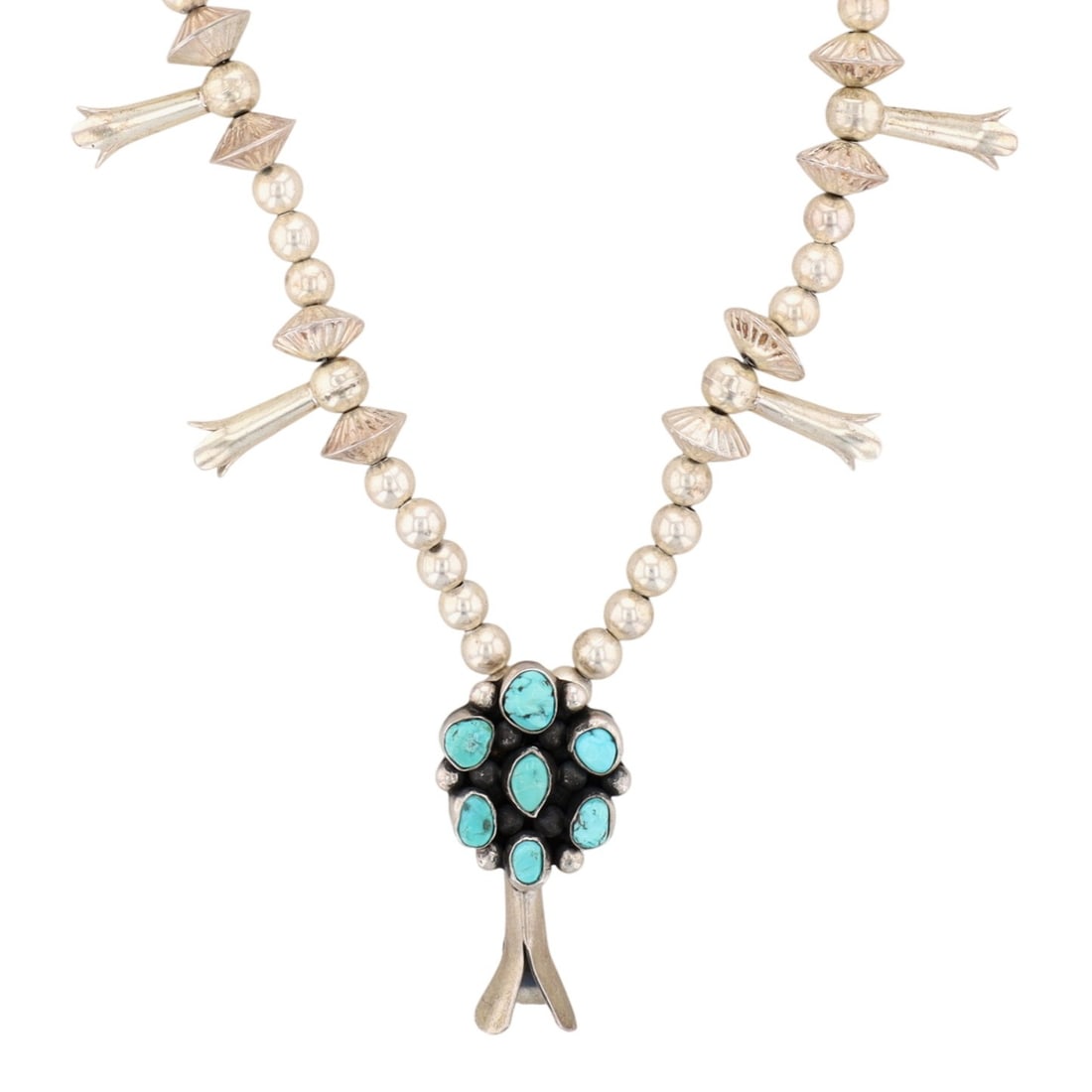 Vintage Navajo Sterling Single Turquoise Squash Blossom Necklace (1 of 5)