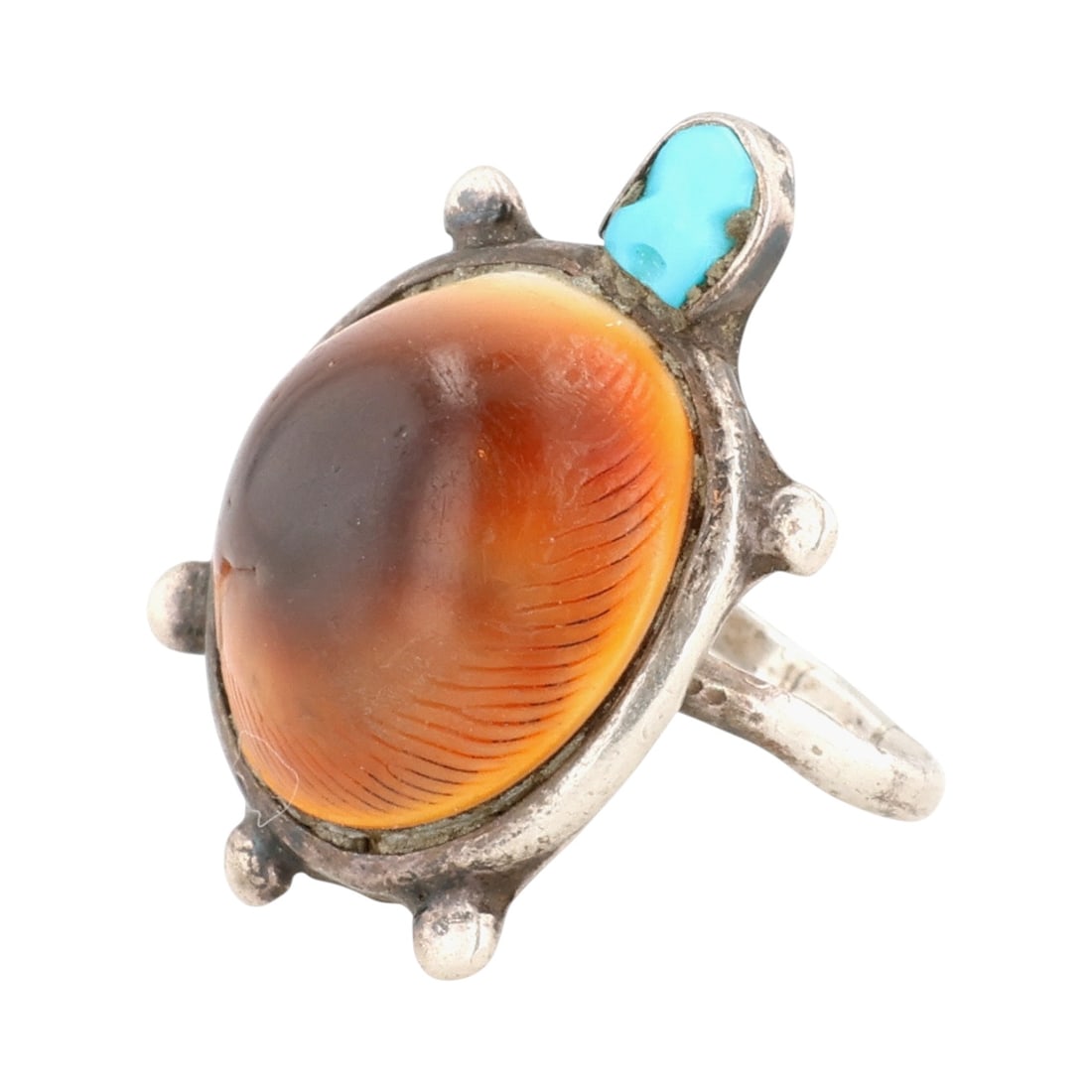 Vintage Navajo Sterling Multi-Stone Turtle Ring Sz 7: Vintage Navajo Sterling Multi-Stone Turtle Ring Sz 7, 6g-Turquoise, Shell