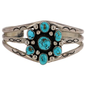 Vintage Navajo Sterling Turquoise Cluster Cuff Bracelet