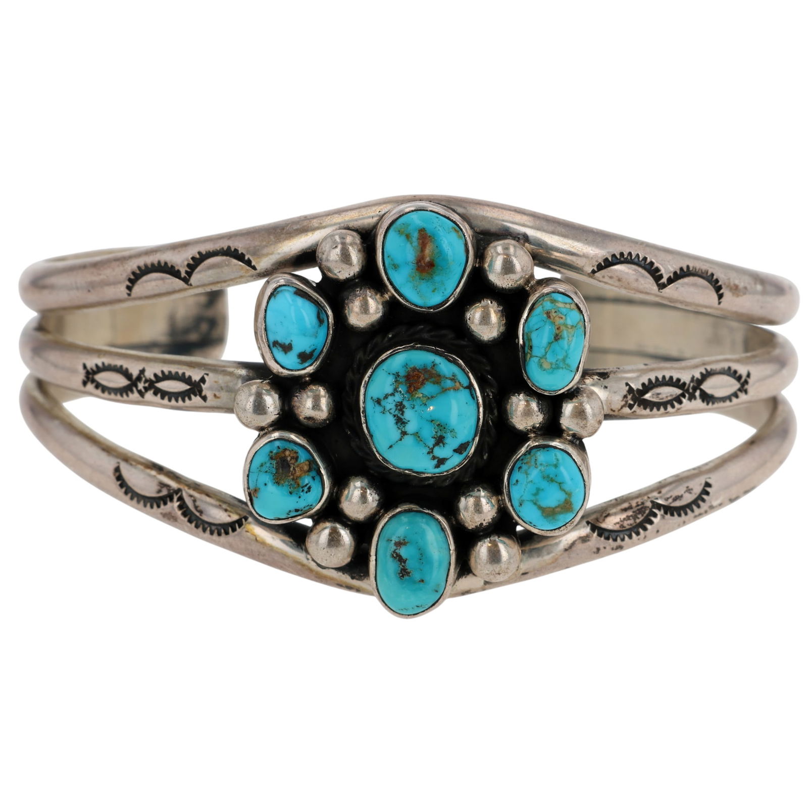 Vintage Navajo Sterling Turquoise Cluster Cuff Bracelet: Vintage Navajo Sterling Turquoise Cluster Cuff Bracelet 39g