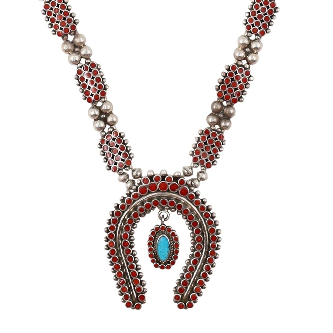 Large Vincent Shirley Navajo Sterling Multi-Stone Necklace: Large Vincent Shirley Navajo Sterling Multi-Stone Necklace 165g-Medditeranian Coral, Turquoise-Approx. 38 inches
