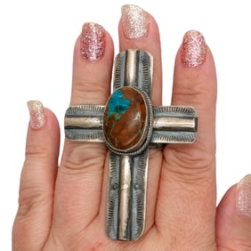 Sandra Nez Navajo Sterling Royston Turquoise Cross Ring Sz 8.25