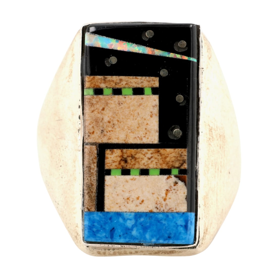 Gilbert Smith Navajo Sterling Multi-Stone Inlay Ring Sz 10: Gilbert Smith Navajo Sterling Multi-Stone Inlay Ring Sz 10, 18.5g-Denim Lapis, Gaspeite, Onyx, Picture Jasper, Opal