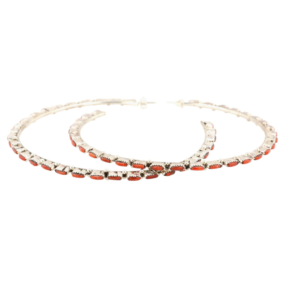 Anrelia Hughte Zuni Sterling Coral Needlepoint Hoop Earrings: Anrelia Hughte Zuni Sterling Coral Needlepoint Hoop Earrings 17g