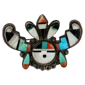 Vintage Zuni Sterling Multi-Stone Inlay Sunface Brooch