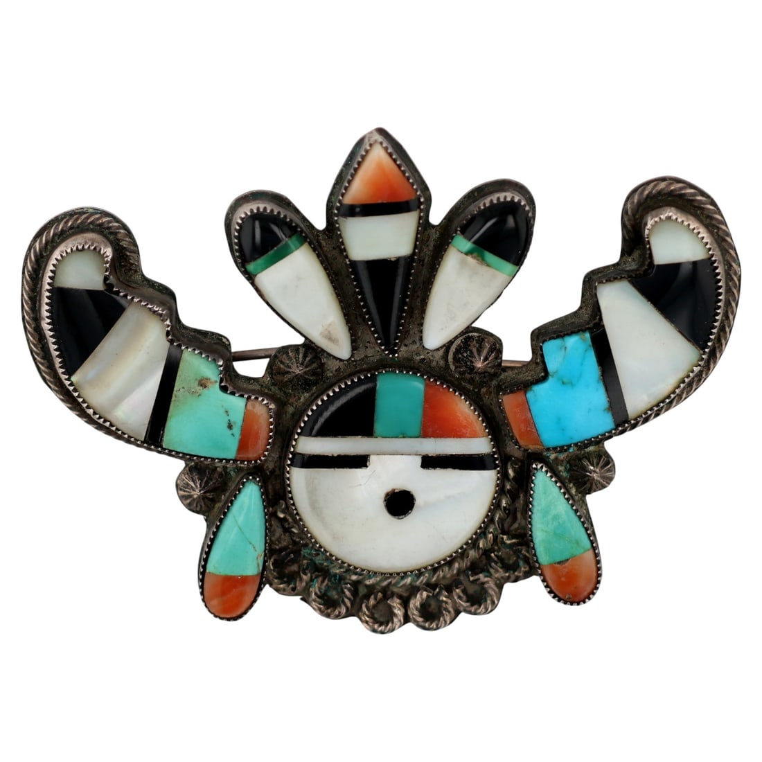 Vintage Zuni Sterling Multi-Stone Inlay Sunface Brooch: Vintage Zuni Sterling Multi-Stone Inlay Sunface Brooch 20g-Coral, Turquoise, Mother-of-Pearl, Onyx