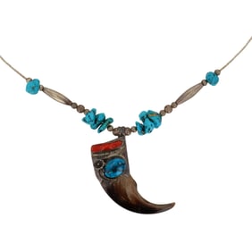 Vintage Navajo Pictogram '88' Sterling Multi-Stone Bear Claw Necklace