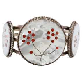 Vintage Zuni Sterling Multi-Stone Floral Inlay Cuff Bracelet