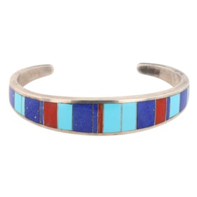 Vintage Zuni Signed Sterling Multi-Stone Inlay Cuff Bracelet