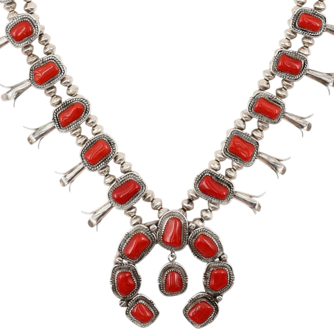 Vintage Signed Navajo Sterling Coral Squash Blossom Necklace: Vintage Signed Navajo Sterling Coral Squash Blossom Necklace 91g-Signature shown in photos-Approx. 26 inches