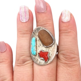 Vintage Navajo Sterling Multi-Stone Ring Sz 8.5