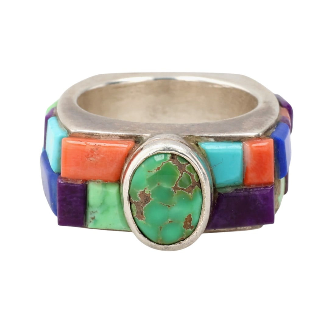 Noah Pfeffer Anglo Sterling Multi-Stone Ring Sz 7: Noah Pfeffer Anglo Sterling Multi-Stone Ring Sz 7, 13g-Spiny Oysters, Turquoise, Lapis, Coral