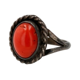 Signed Vintage Navajo Sterling Coral Ring Sz 6