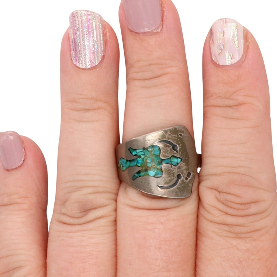 Vintage Navajo Sterling Crushed Turquoise Thunderbird Ring Sz 8.75: Vintage Navajo Sterling Crushed Turquoise Thunderbird Ring Sz 8.75, 6g