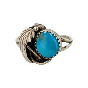 Vintage Navajo Sterling Turquoise Leaf Ring Sz 6
