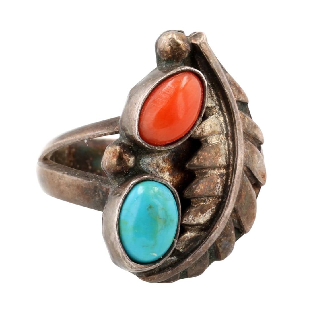 Vintage Navajo Sterling Multi-Stone Leaf Ring Sz 7.25 (1 of 7)