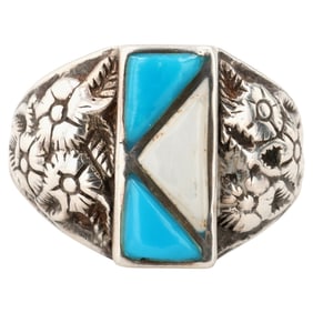 Vintage Navajo Floral Sterling Multi-Stone Inlay Ring Sz 10.75
