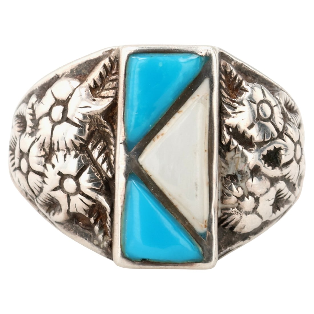 Vintage Navajo Floral Sterling Multi-Stone Inlay Ring Sz 10.75 (1 of 7)