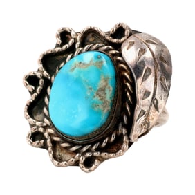 Vintage Navajo Sterling Turquoise Leaf Ring Sz 7.25