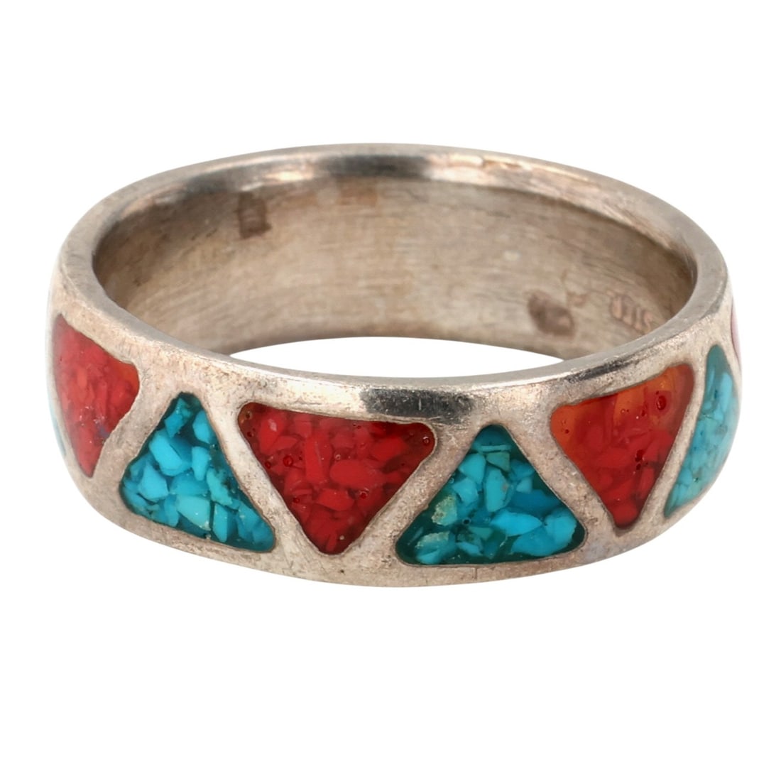 Wheeling Manufacturing Co Sterling Multi-Stone Ring Sz 9: Wheeling Manufacturing Co Sterling Multi-Stone Ring Sz 9, 5g-Crushed Turquoise and Coral
