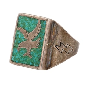 Old Carlisle Jewelry Sterling Crushed Turquoise Eagle Inlay Ring Sz 9.5