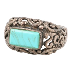 Southwestern Sterling Turquoise Scrollwork Ring Sz 6.75