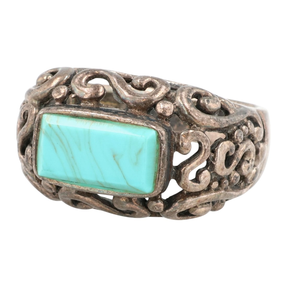 Southwestern Sterling Turquoise Scrollwork Ring Sz 6.75 (1 of 8)