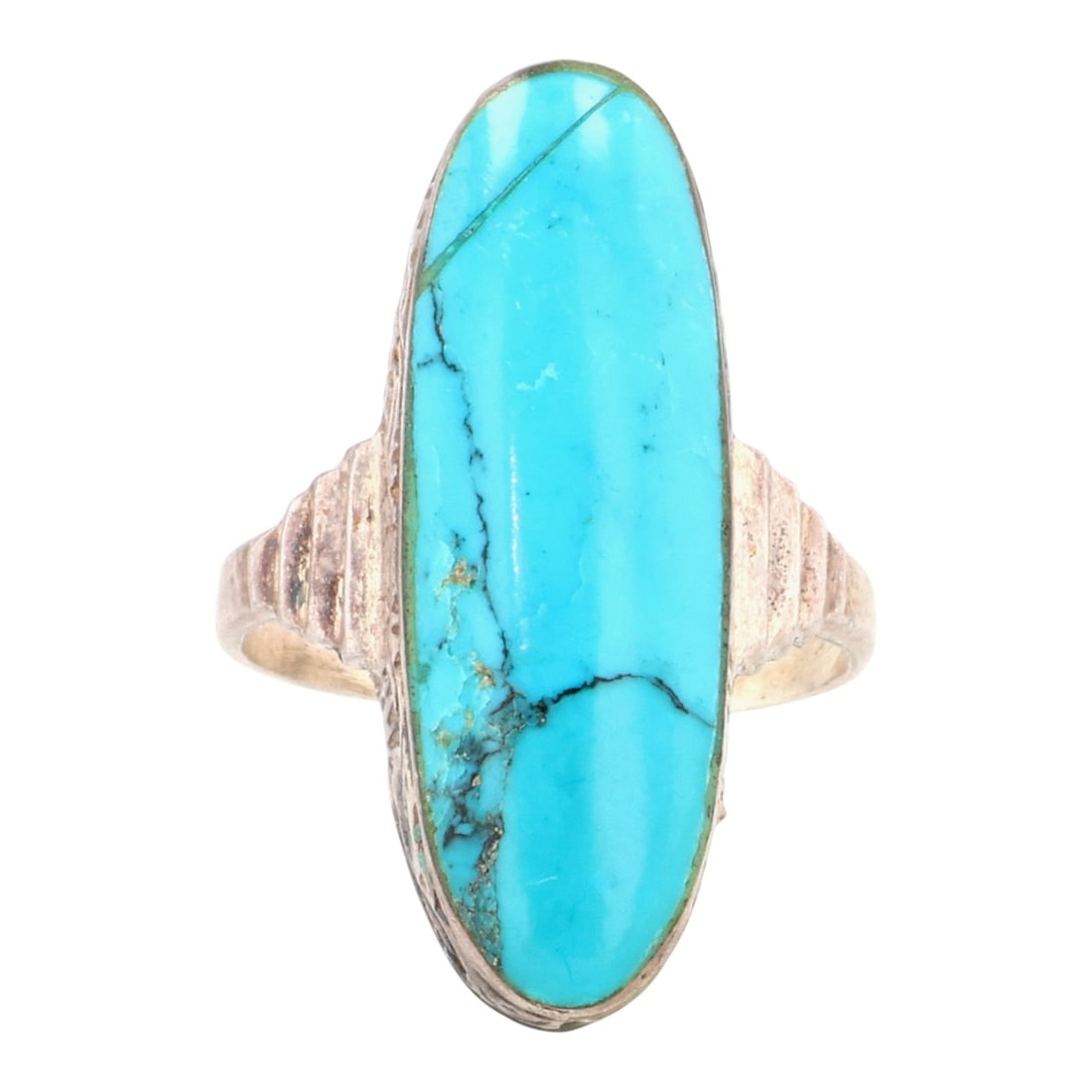 Vintage Sterling Turquoise Long Oval Ring Sz 7.25: Vintage Sterling Turquoise Long Oval Ring Sz 7.25, 5g